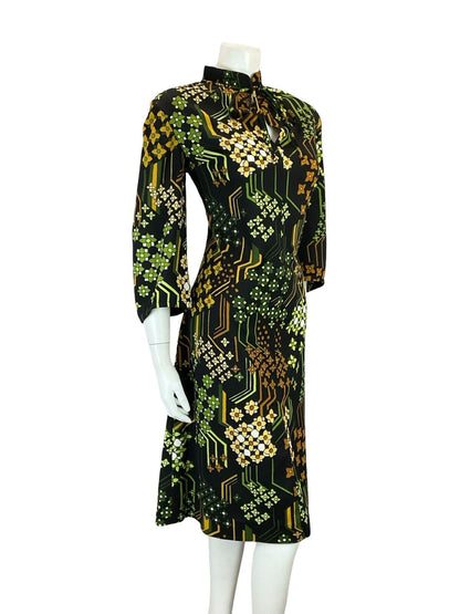 VTG 60S TIE MANDARIN COLLAR FLORAL GEOMETRIC BLACK BROWN GREEN SHIFT DRESS 16