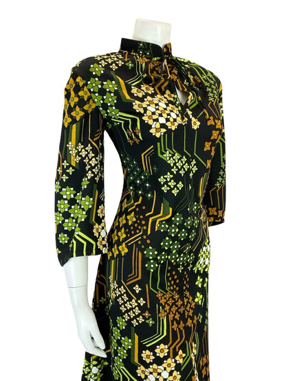 VTG 60S TIE MANDARIN COLLAR FLORAL GEOMETRIC BLACK BROWN GREEN SHIFT DRESS 16