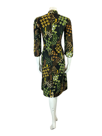 VTG 60S TIE MANDARIN COLLAR FLORAL GEOMETRIC BLACK BROWN GREEN SHIFT DRESS 16