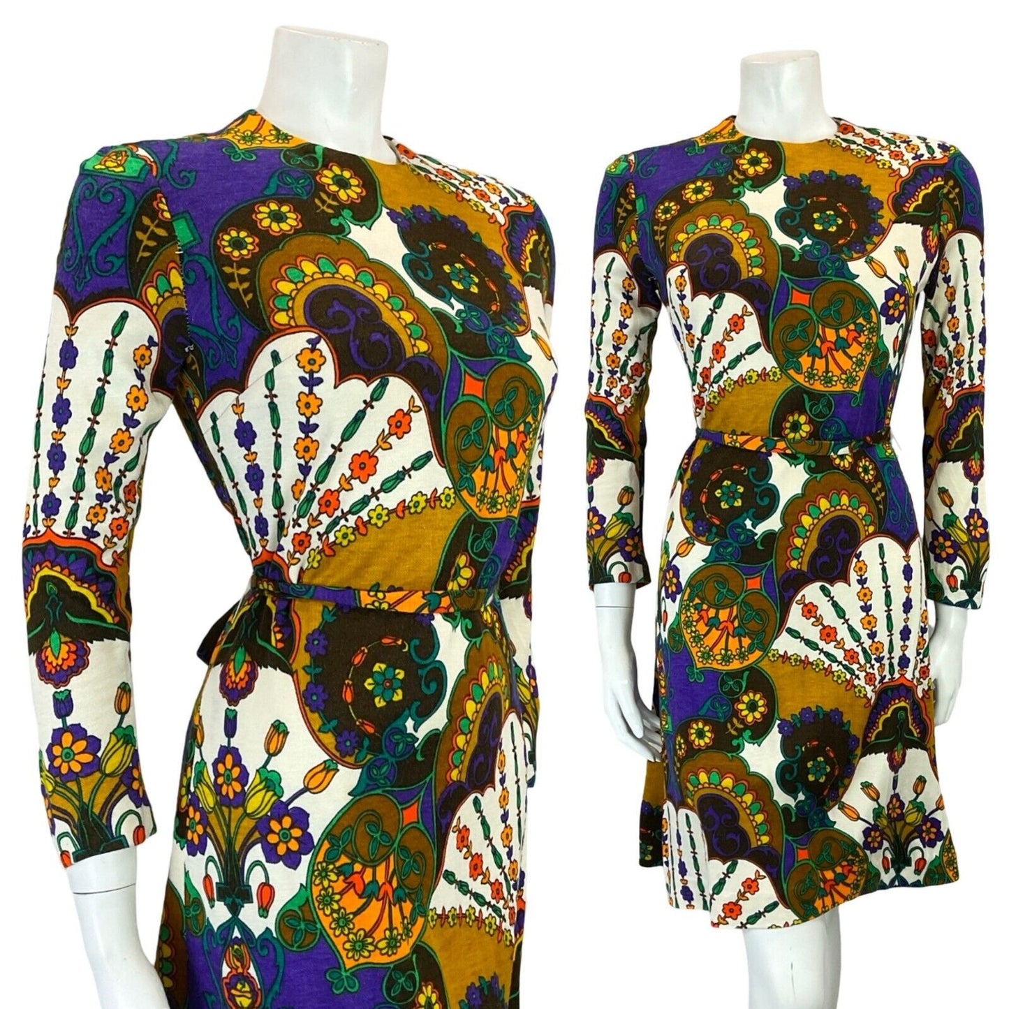 VTG 60S 70S PURPLE ORANGE BROWN WHITE PSYCHEDELIC FLORAL TIE WAIST DRESS 8