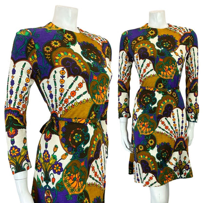 VTG 60S 70S PURPLE ORANGE BROWN WHITE PSYCHEDELIC FLORAL TIE WAIST DRESS 8