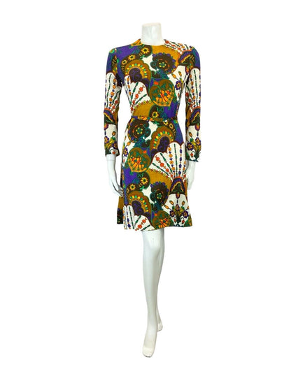 VTG 60S 70S PURPLE ORANGE BROWN WHITE PSYCHEDELIC FLORAL TIE WAIST DRESS 8