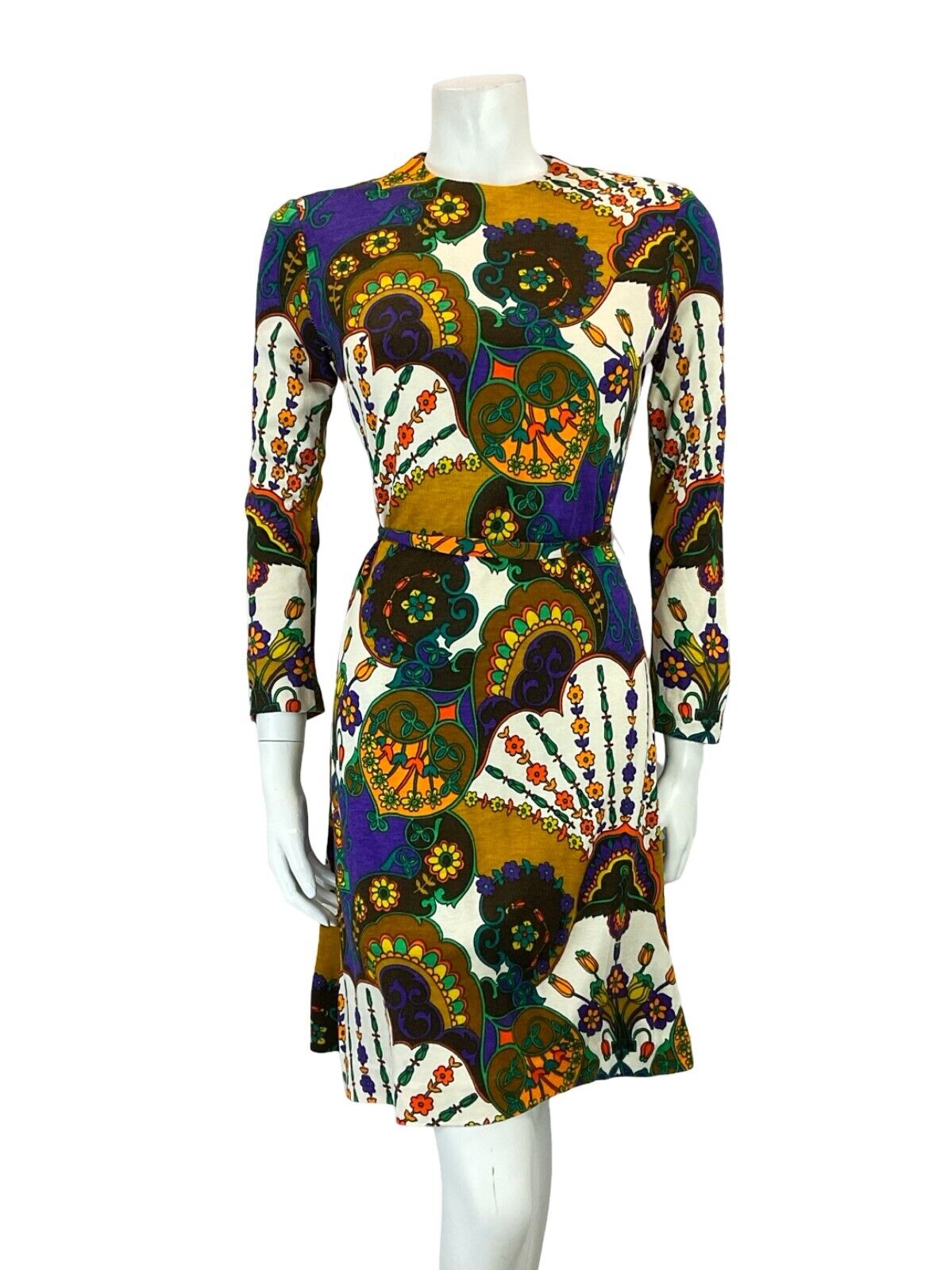 VTG 60S 70S PURPLE ORANGE BROWN WHITE PSYCHEDELIC FLORAL TIE WAIST DRESS 8