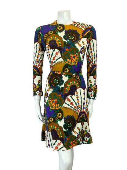VTG 60S 70S PURPLE ORANGE BROWN WHITE PSYCHEDELIC FLORAL TIE WAIST DRESS 8