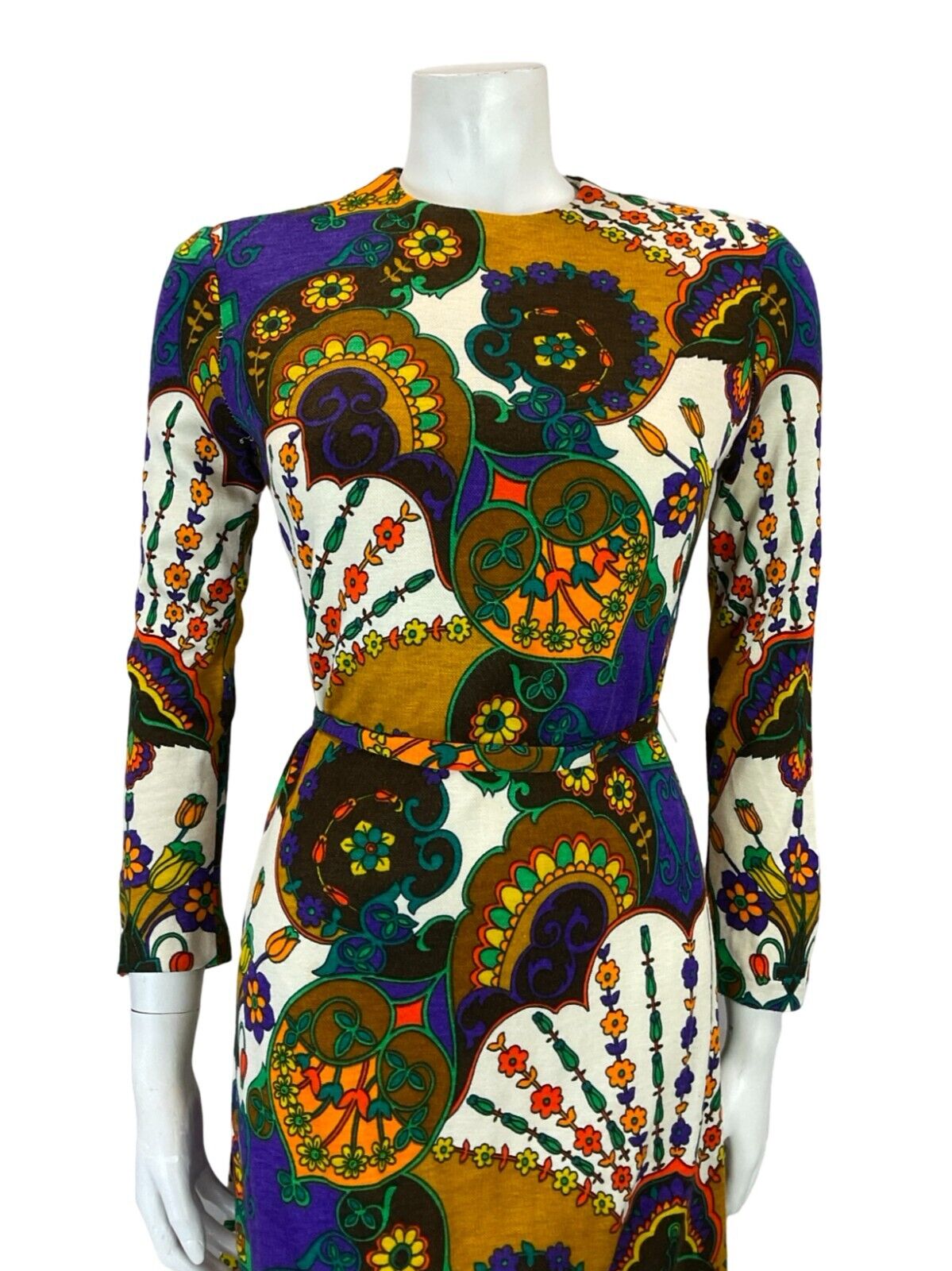 VTG 60S 70S PURPLE ORANGE BROWN WHITE PSYCHEDELIC FLORAL TIE WAIST DRESS 8