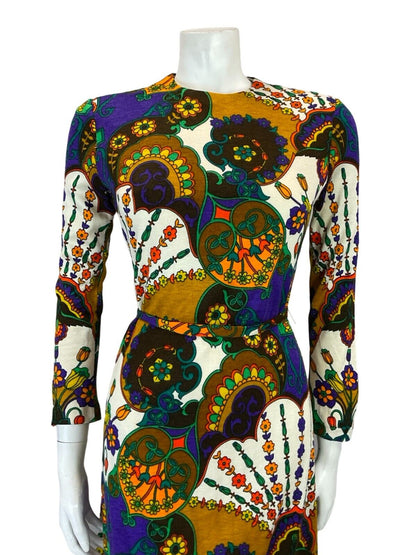 VTG 60S 70S PURPLE ORANGE BROWN WHITE PSYCHEDELIC FLORAL TIE WAIST DRESS 8