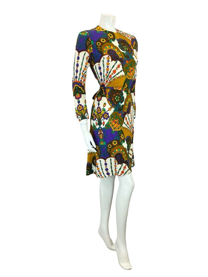 VTG 60S 70S PURPLE ORANGE BROWN WHITE PSYCHEDELIC FLORAL TIE WAIST DRESS 8