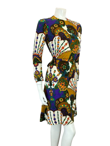VTG 60S 70S PURPLE ORANGE BROWN WHITE PSYCHEDELIC FLORAL TIE WAIST DRESS 8