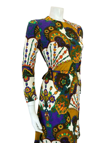 VTG 60S 70S PURPLE ORANGE BROWN WHITE PSYCHEDELIC FLORAL TIE WAIST DRESS 8