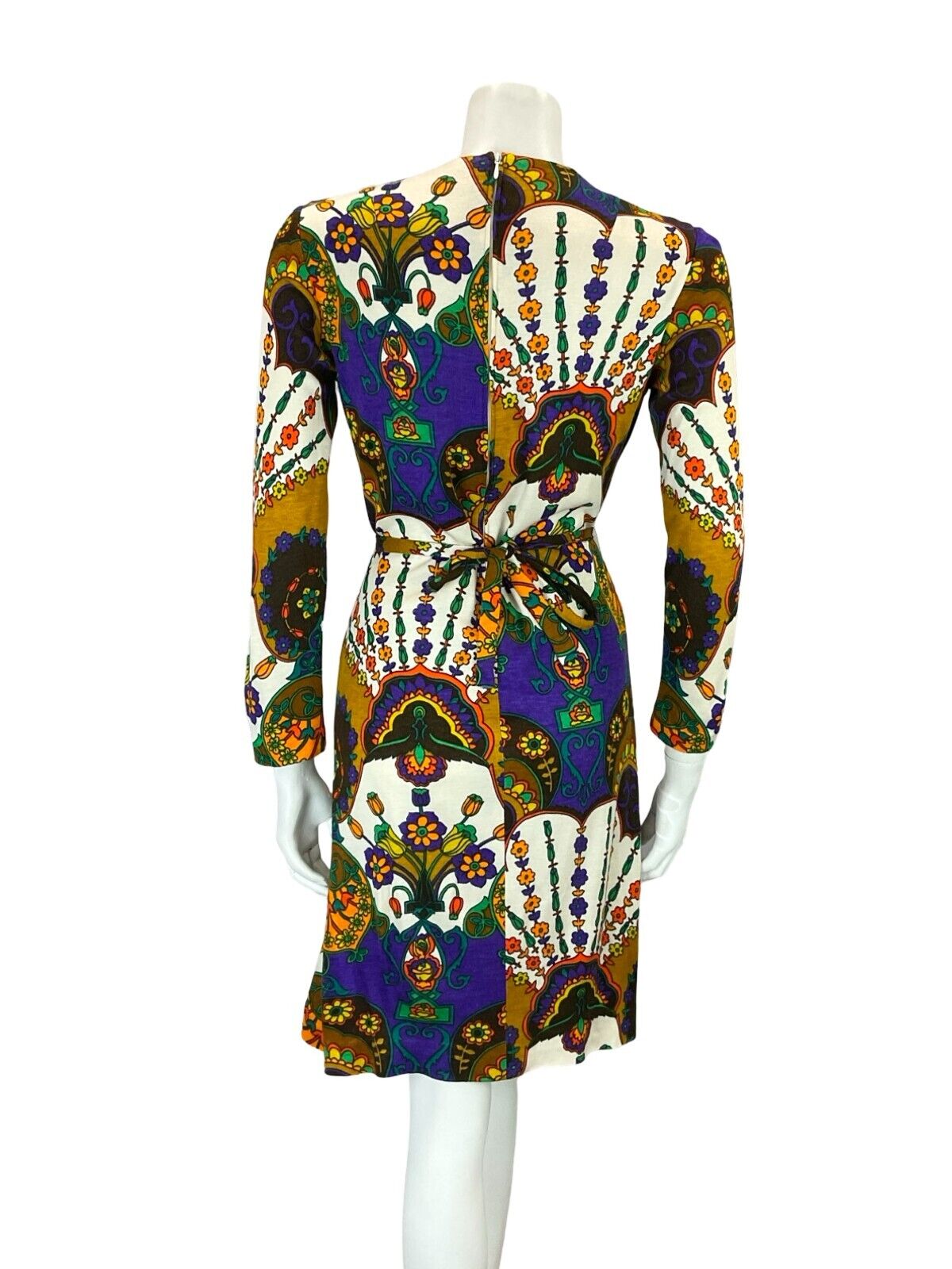 VTG 60S 70S PURPLE ORANGE BROWN WHITE PSYCHEDELIC FLORAL TIE WAIST DRESS 8