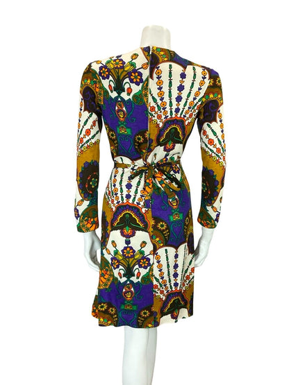VTG 60S 70S PURPLE ORANGE BROWN WHITE PSYCHEDELIC FLORAL TIE WAIST DRESS 8