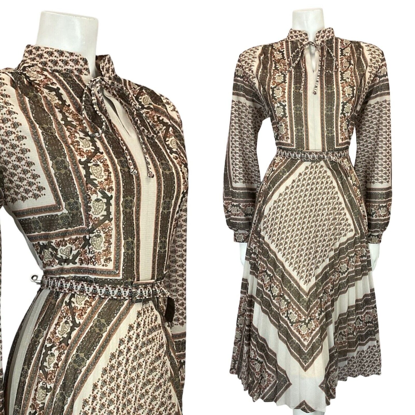 VTG 70S BROWN CREAM SPARKLY BOHO FORAL GEOMETRIC PLEATED BELTED DRESS 12