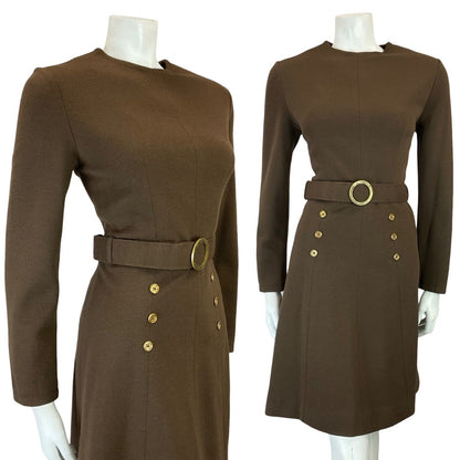 VTG 60S BROWN GOLD MOD GOGO WOOL BELTED LONG SLEEVE MINI DRESS 10