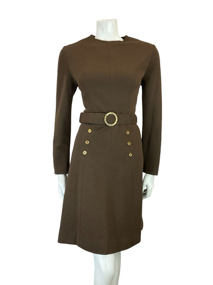 VTG 60S BROWN GOLD MOD GOGO WOOL BELTED LONG SLEEVE MINI DRESS 10