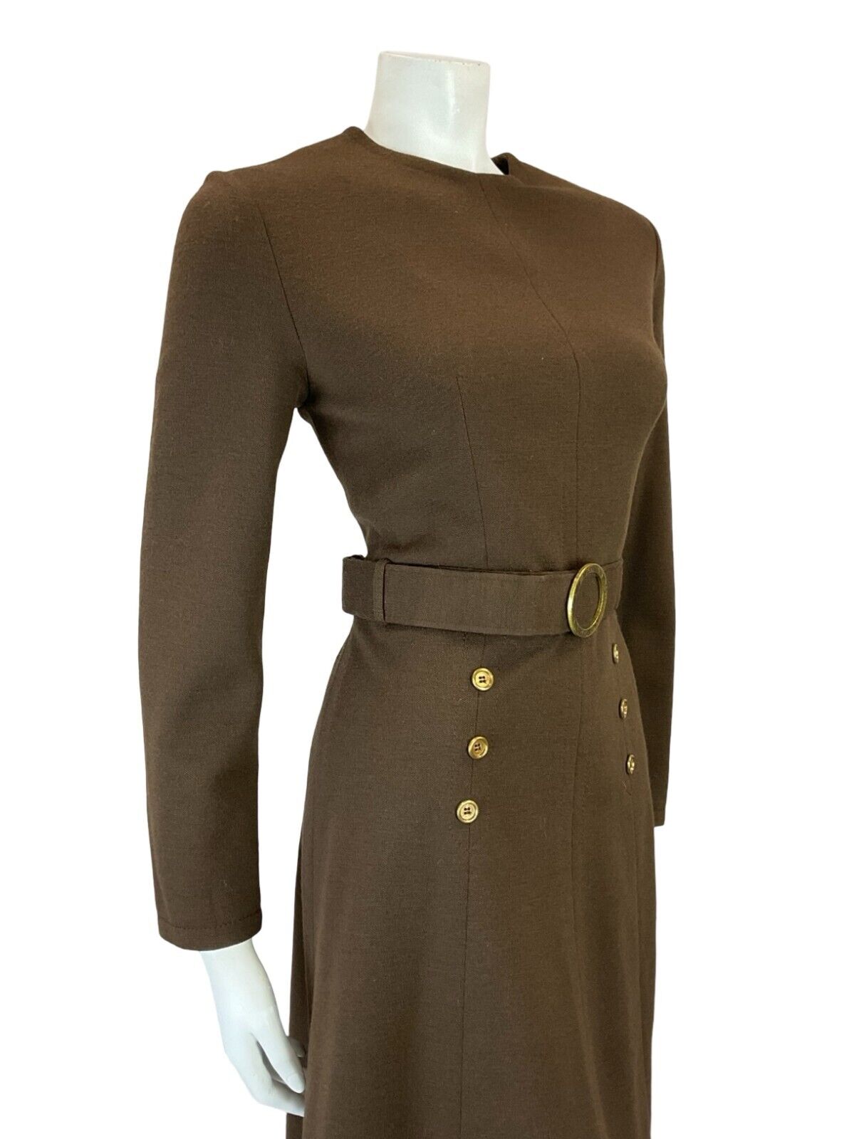 VTG 60S BROWN GOLD MOD GOGO WOOL BELTED LONG SLEEVE MINI DRESS 10