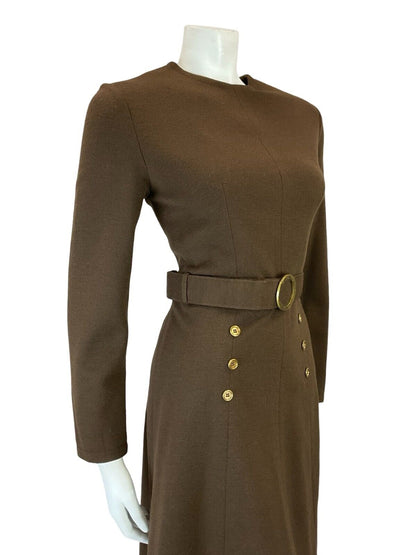 VTG 60S BROWN GOLD MOD GOGO WOOL BELTED LONG SLEEVE MINI DRESS 10
