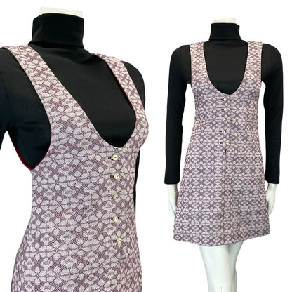 VTG 60S 70S LILAC PURPLE MOD GEOMETRIC FLORAL PINAFORE MINI DRESS S 8 10