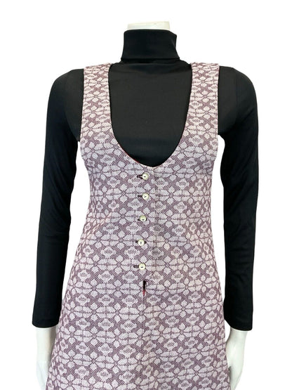 VTG 60S 70S LILAC PURPLE MOD GEOMETRIC FLORAL PINAFORE MINI DRESS S 8 10