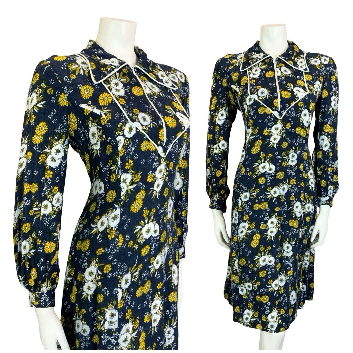 VTG 60S 70S BLUE YELLOW WHITE BOHO FLORAL BIB DAGGER COLLAR SHIRT DRESS M 12 14