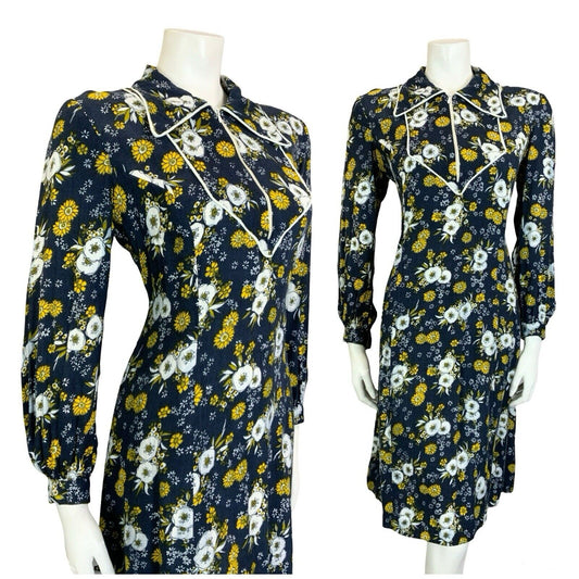 VTG 60S 70S BLUE YELLOW WHITE BOHO FLORAL BIB DAGGER COLLAR SHIRT DRESS M 12 14