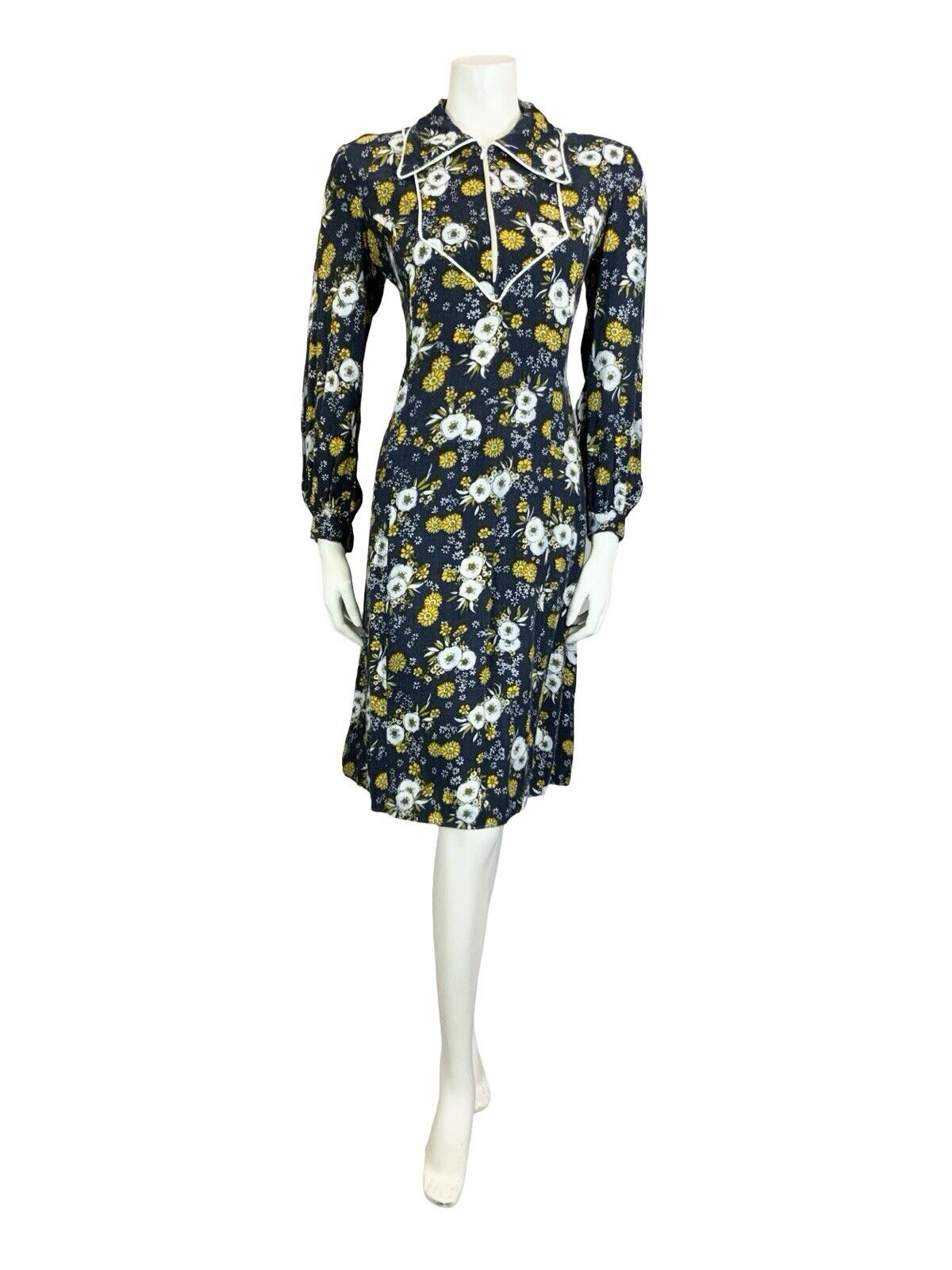 VTG 60S 70S BLUE YELLOW WHITE BOHO FLORAL BIB DAGGER COLLAR SHIRT DRESS M 12 14