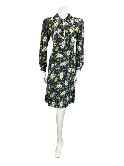 VTG 60S 70S BLUE YELLOW WHITE BOHO FLORAL BIB DAGGER COLLAR SHIRT DRESS M 12 14