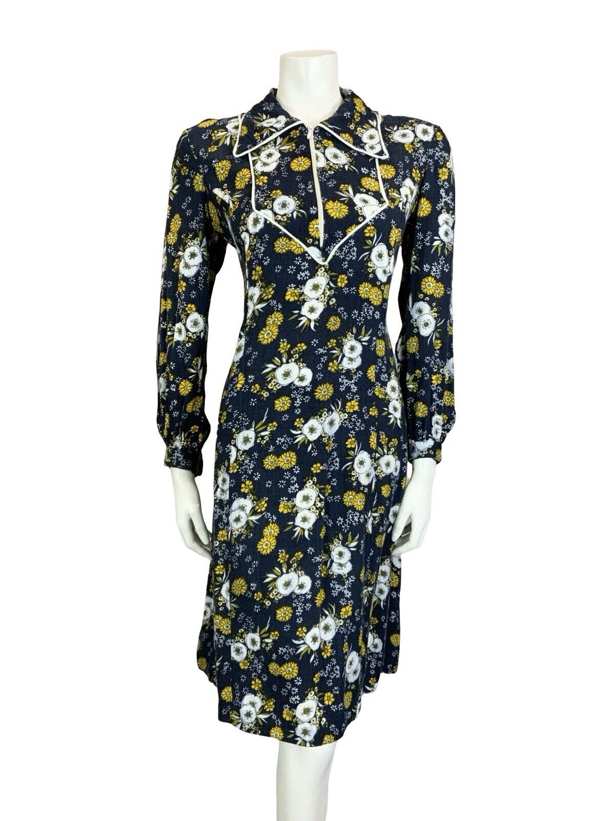 VTG 60S 70S BLUE YELLOW WHITE BOHO FLORAL BIB DAGGER COLLAR SHIRT DRESS M 12 14