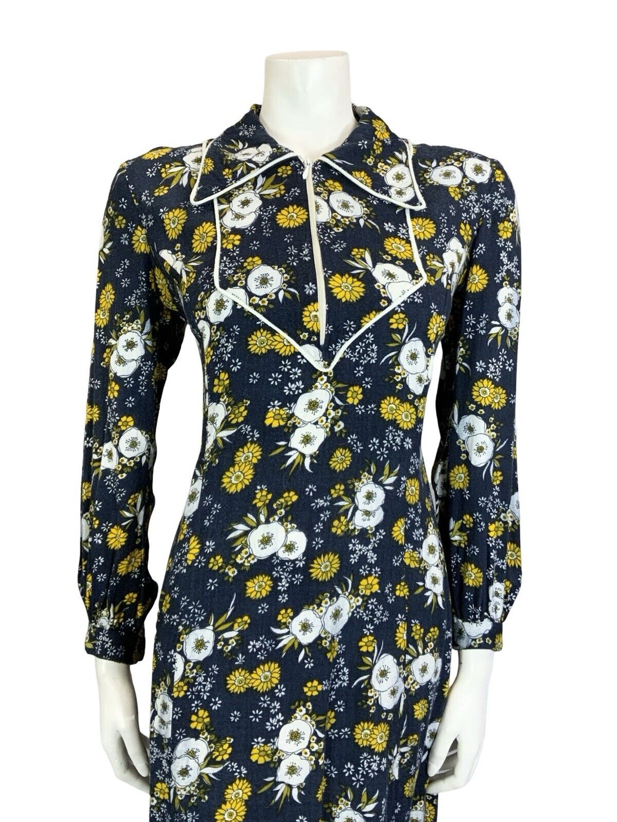 VTG 60S 70S BLUE YELLOW WHITE BOHO FLORAL BIB DAGGER COLLAR SHIRT DRESS M 12 14