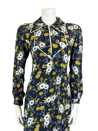 VTG 60S 70S BLUE YELLOW WHITE BOHO FLORAL BIB DAGGER COLLAR SHIRT DRESS M 12 14