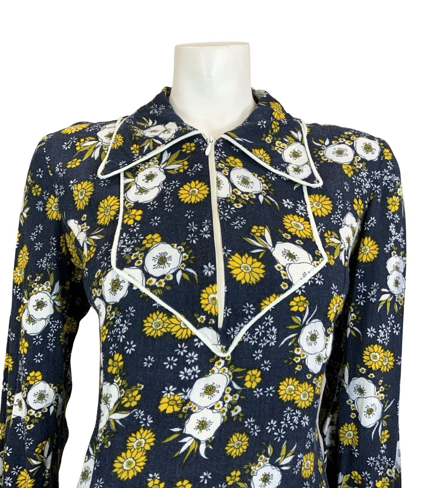 VTG 60S 70S BLUE YELLOW WHITE BOHO FLORAL BIB DAGGER COLLAR SHIRT DRESS M 12 14