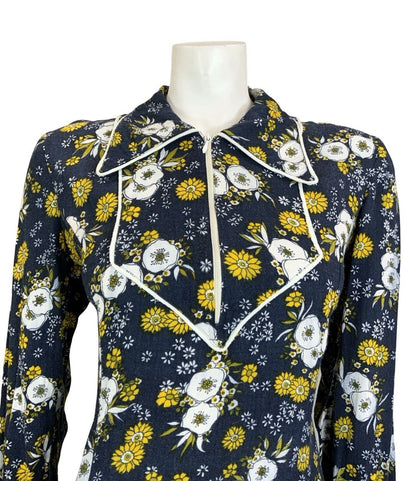 VTG 60S 70S BLUE YELLOW WHITE BOHO FLORAL BIB DAGGER COLLAR SHIRT DRESS M 12 14