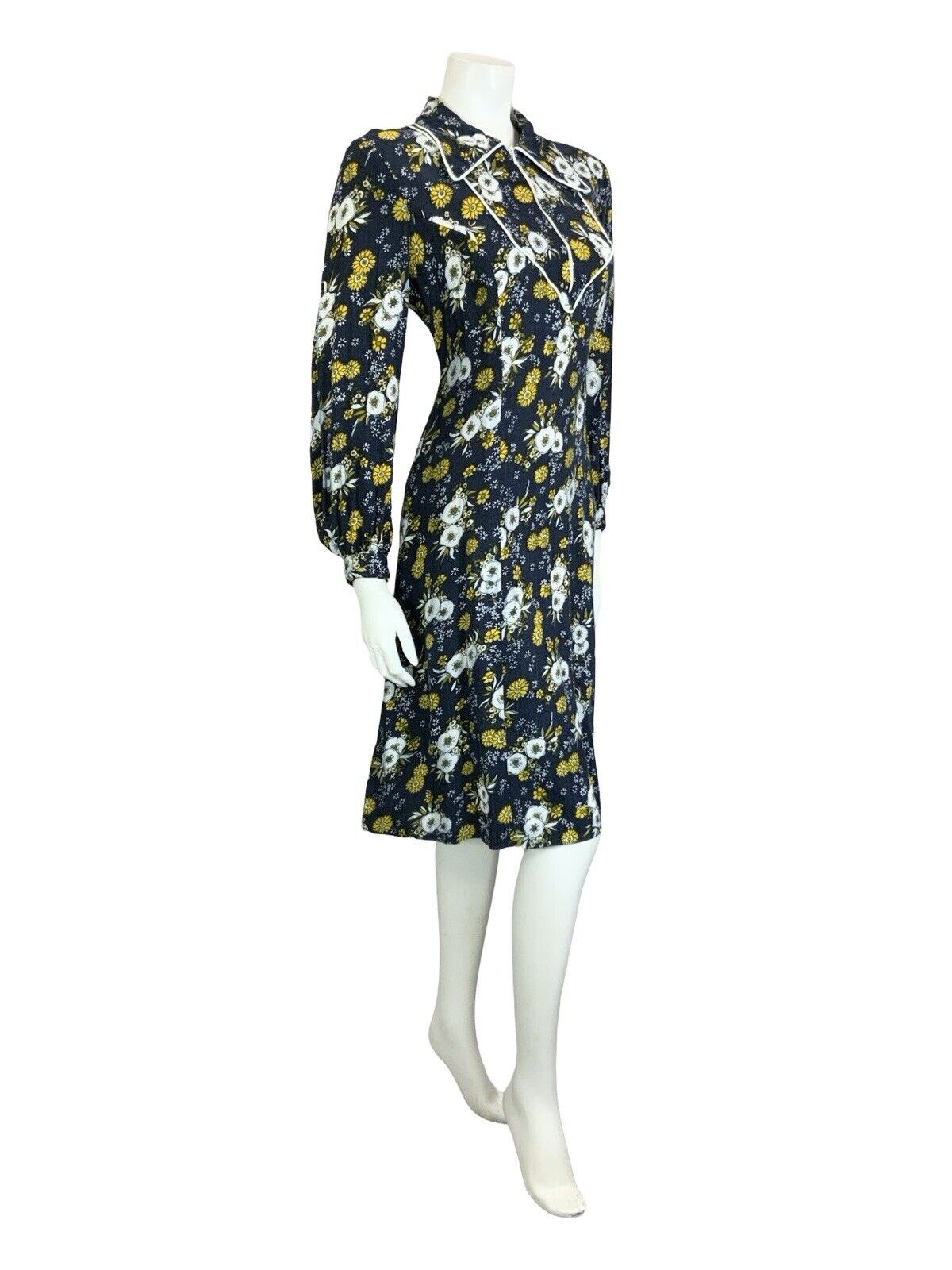 VTG 60S 70S BLUE YELLOW WHITE BOHO FLORAL BIB DAGGER COLLAR SHIRT DRESS M 12 14