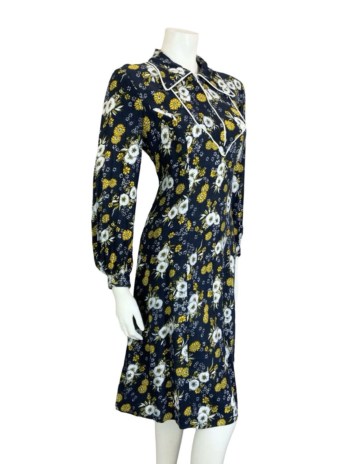 VTG 60S 70S BLUE YELLOW WHITE BOHO FLORAL BIB DAGGER COLLAR SHIRT DRESS M 12 14