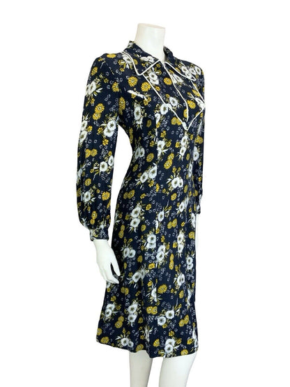 VTG 60S 70S BLUE YELLOW WHITE BOHO FLORAL BIB DAGGER COLLAR SHIRT DRESS M 12 14