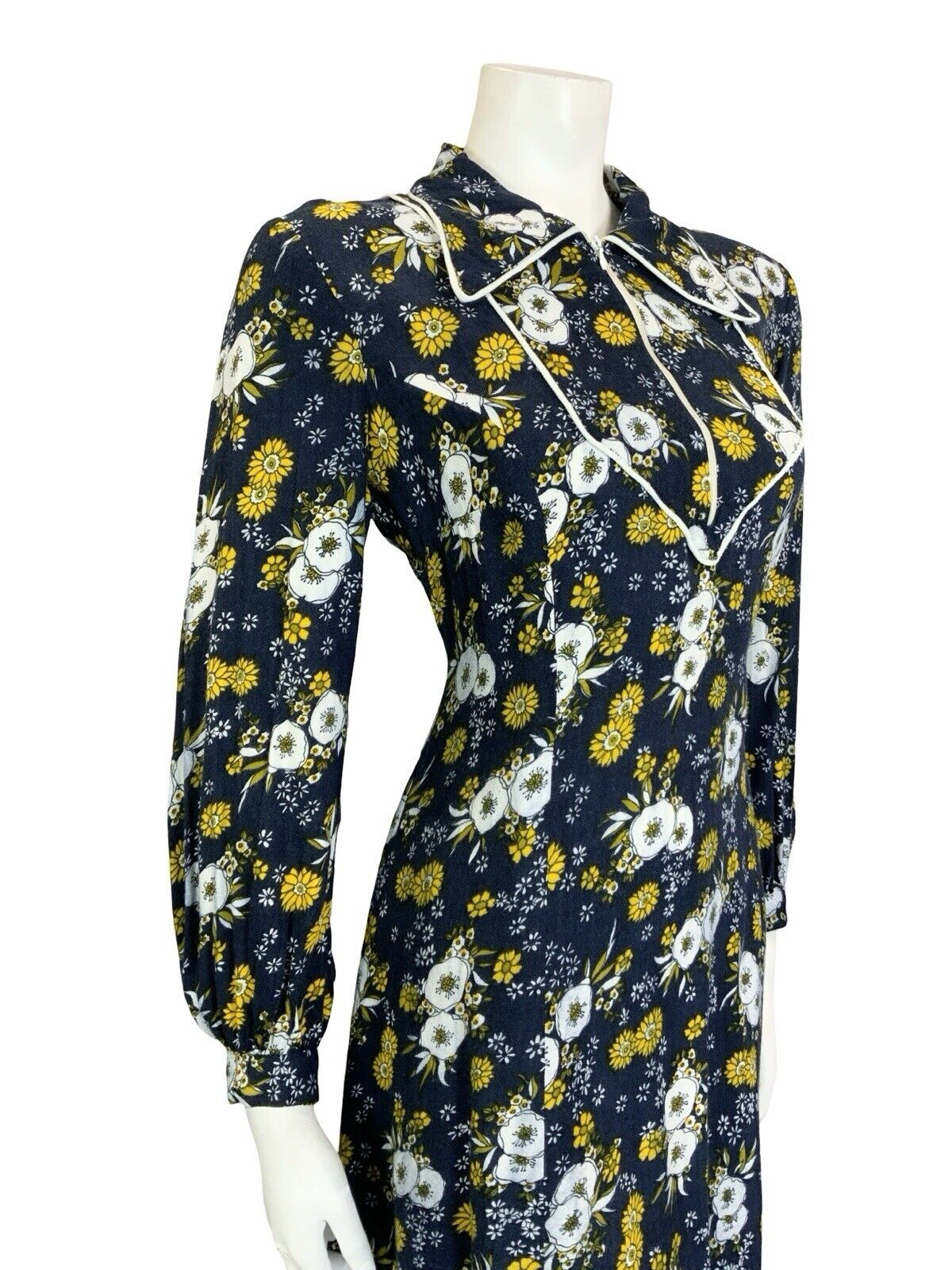 VTG 60S 70S BLUE YELLOW WHITE BOHO FLORAL BIB DAGGER COLLAR SHIRT DRESS M 12 14