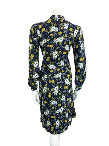 VTG 60S 70S BLUE YELLOW WHITE BOHO FLORAL BIB DAGGER COLLAR SHIRT DRESS M 12 14