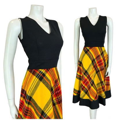 VTG 60S 70S BLACK YELLOW RED TARTAN V NECK CIRCLE SKIRT MIDI DRESS XS 6