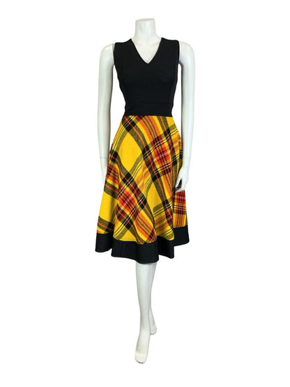 VTG 60S 70S BLACK YELLOW RED TARTAN V NECK CIRCLE SKIRT MIDI DRESS XS 6