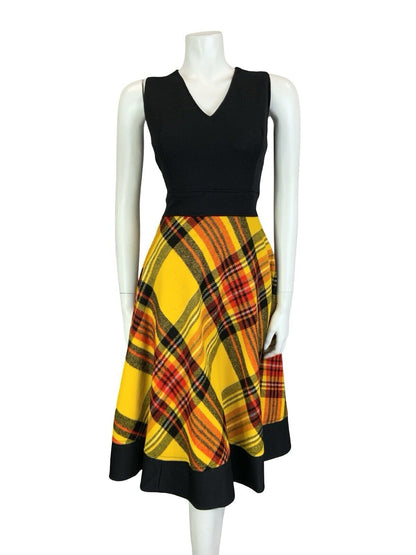 VTG 60S 70S BLACK YELLOW RED TARTAN V NECK CIRCLE SKIRT MIDI DRESS XS 6
