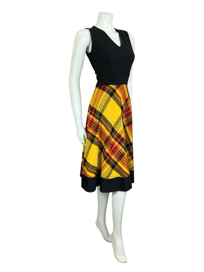 VTG 60S 70S BLACK YELLOW RED TARTAN V NECK CIRCLE SKIRT MIDI DRESS XS 6