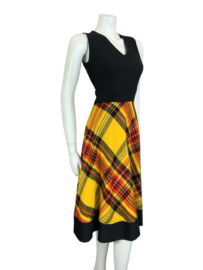 VTG 60S 70S BLACK YELLOW RED TARTAN V NECK CIRCLE SKIRT MIDI DRESS XS 6