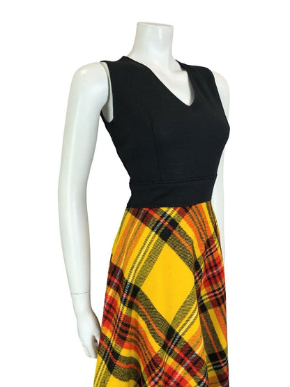 VTG 60S 70S BLACK YELLOW RED TARTAN V NECK CIRCLE SKIRT MIDI DRESS XS 6