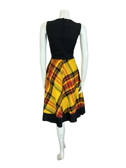 VTG 60S 70S BLACK YELLOW RED TARTAN V NECK CIRCLE SKIRT MIDI DRESS XS 6