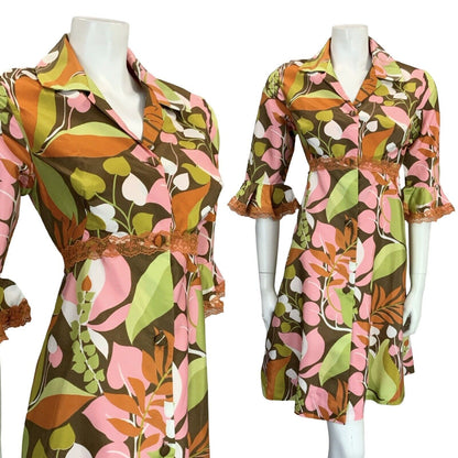VTG 70S GREEN PINK ORANGE LACE RUFFLE BUTTON DOWN SHIRT DRESS HOUSE COAT 10