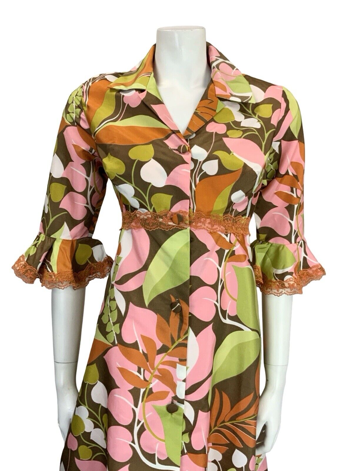 VTG 70S GREEN PINK ORANGE LACE RUFFLE BUTTON DOWN SHIRT DRESS HOUSE COAT 10