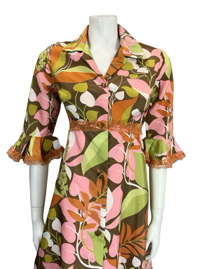 VTG 70S GREEN PINK ORANGE LACE RUFFLE BUTTON DOWN SHIRT DRESS HOUSE COAT 10