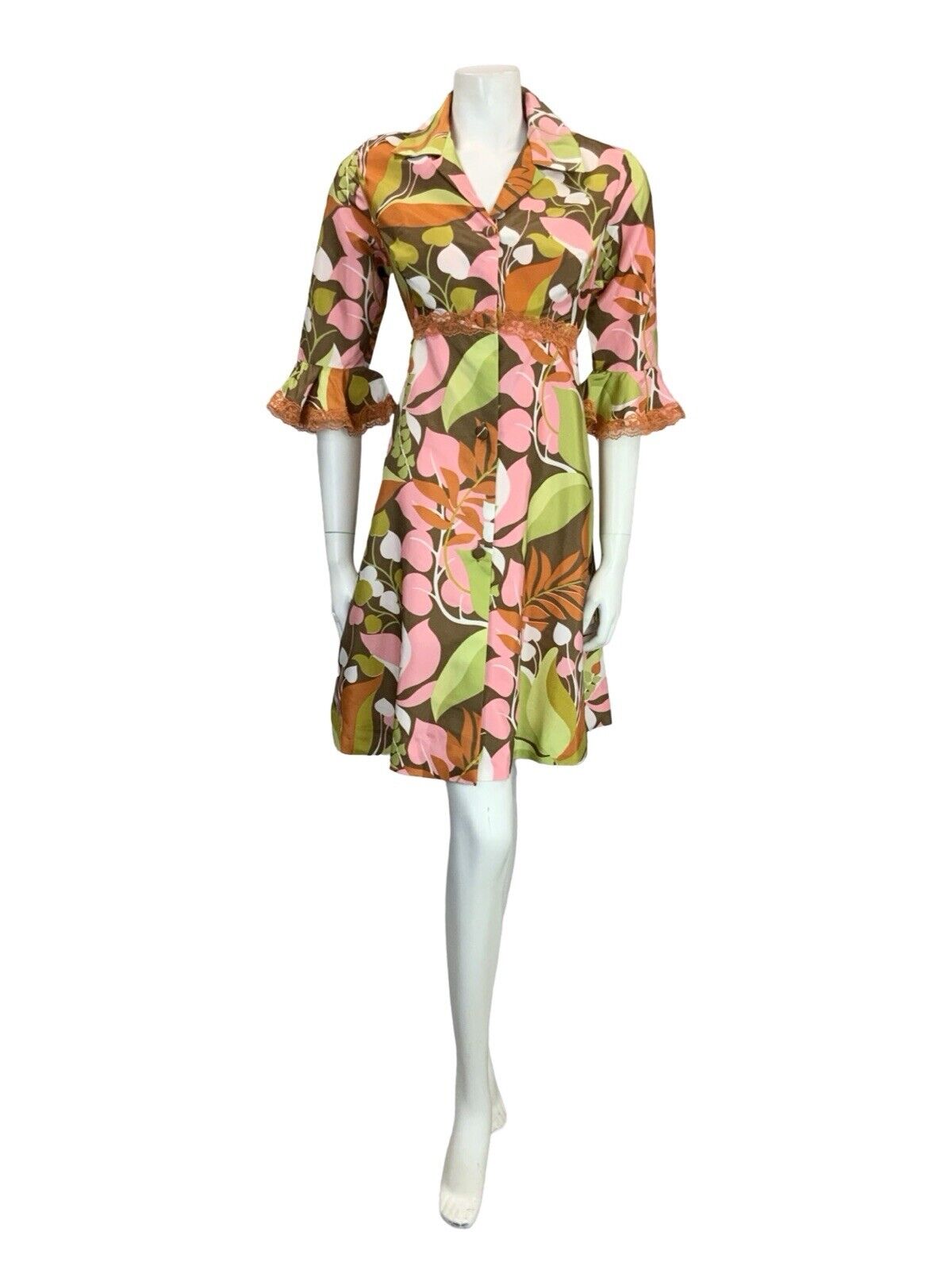 VTG 70S GREEN PINK ORANGE LACE RUFFLE BUTTON DOWN SHIRT DRESS HOUSE COAT 10