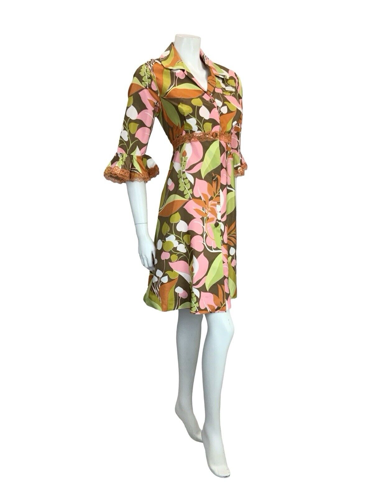 VTG 70S GREEN PINK ORANGE LACE RUFFLE BUTTON DOWN SHIRT DRESS HOUSE COAT 10