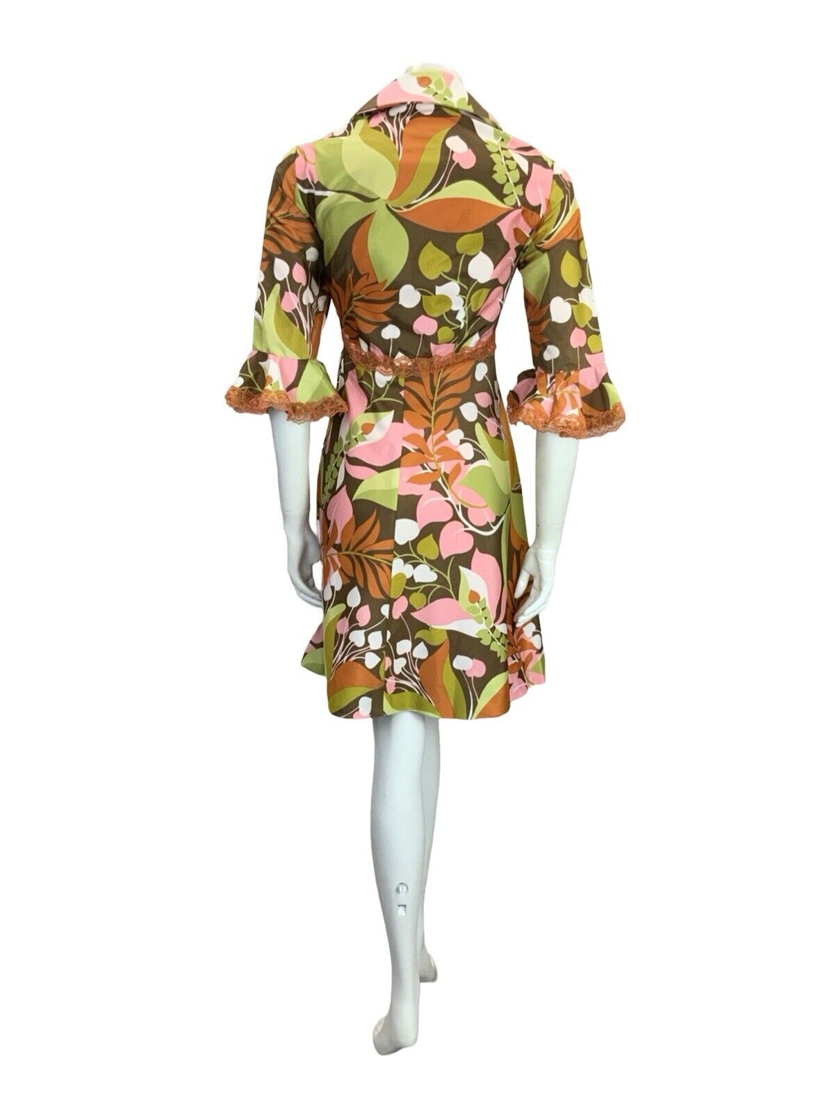 VTG 70S GREEN PINK ORANGE LACE RUFFLE BUTTON DOWN SHIRT DRESS HOUSE COAT 10