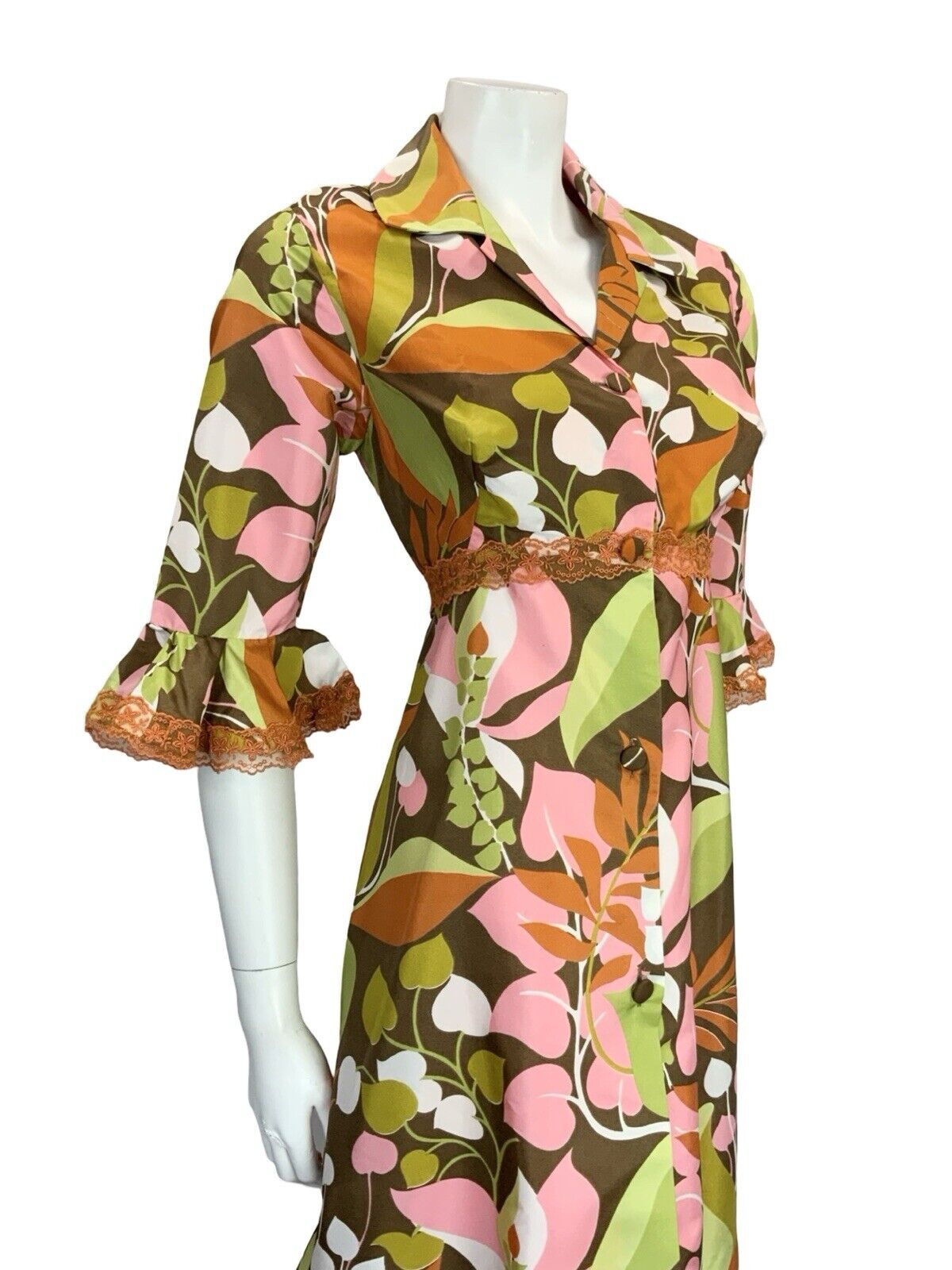 VTG 70S GREEN PINK ORANGE LACE RUFFLE BUTTON DOWN SHIRT DRESS HOUSE COAT 10